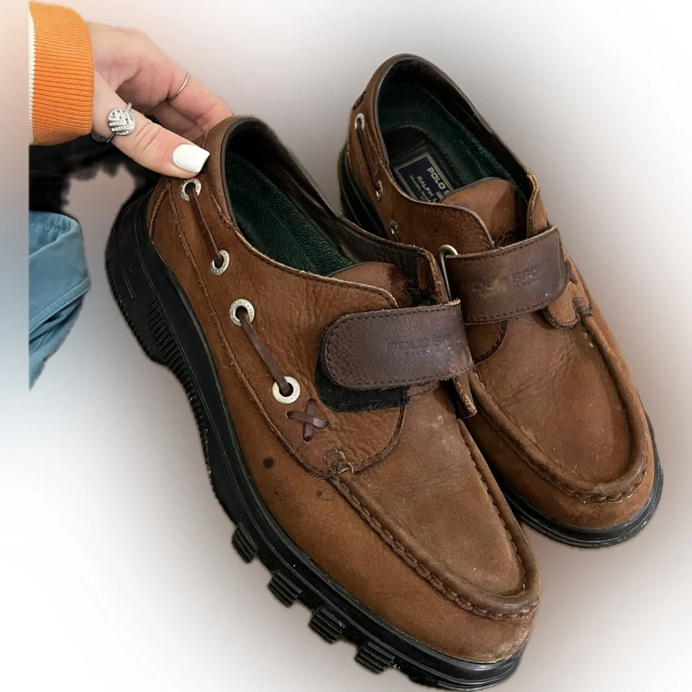 🛥️ Polo Sport by Ralph Lauren Men’s Leather Velcro Boat Shoes 👞✨